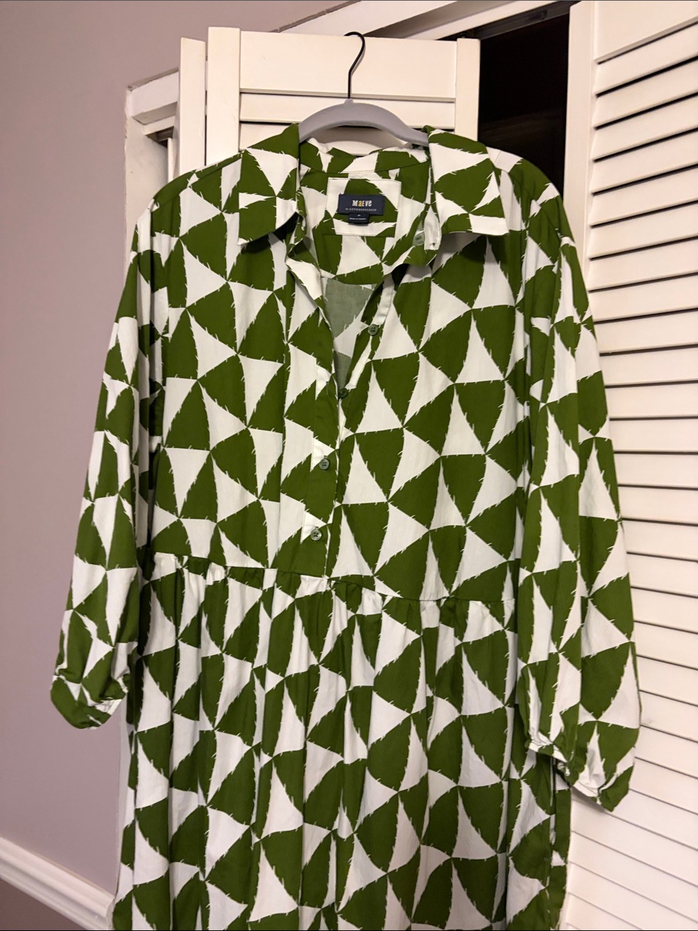Maeve Green and White Geometric Button-Front Long Sleeve Dress